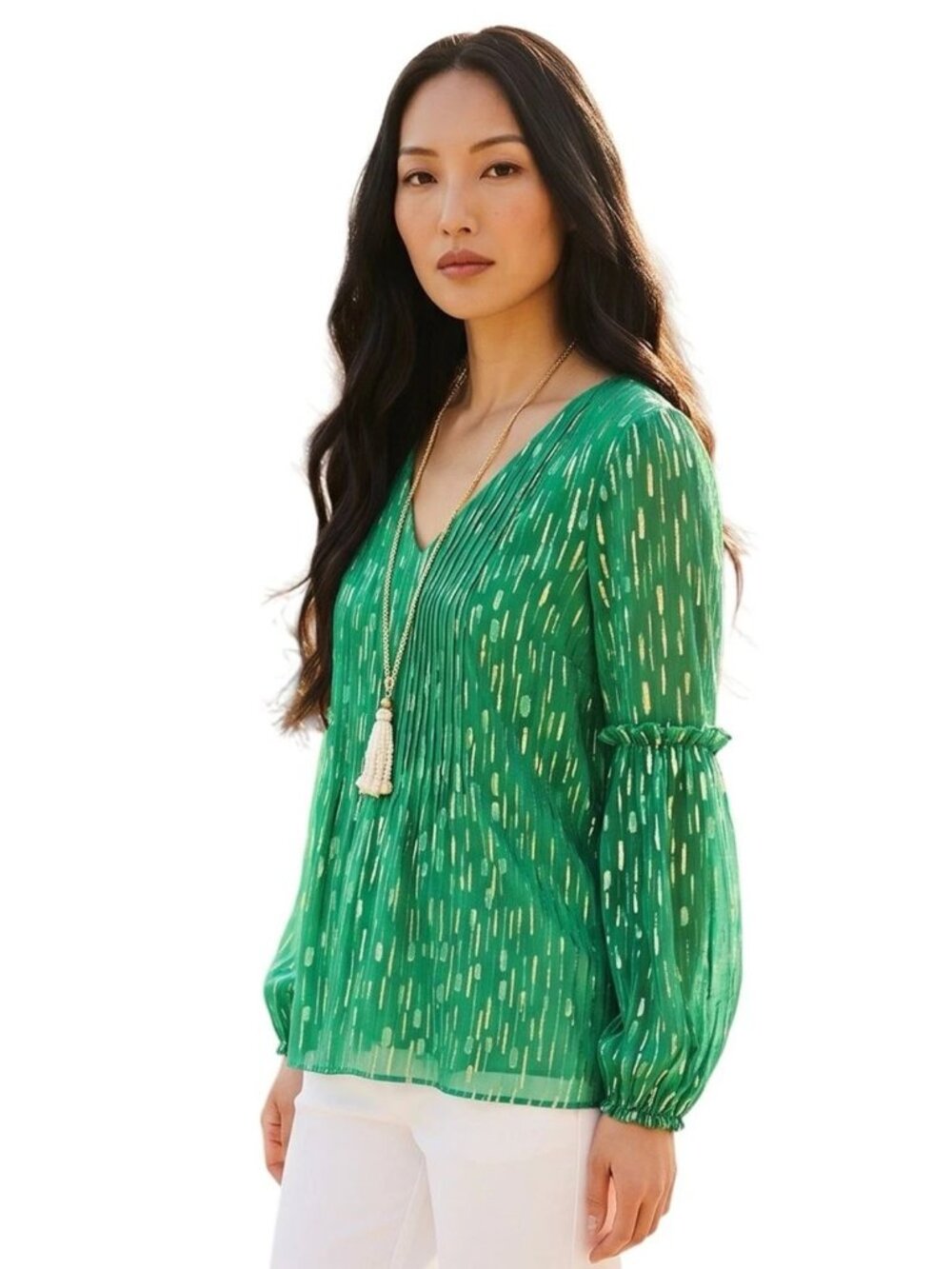 Lilly Pulitzer Cleme Sz 4 Fiddle Leaf Green Boho Blouse Metallic Thread NWT $178